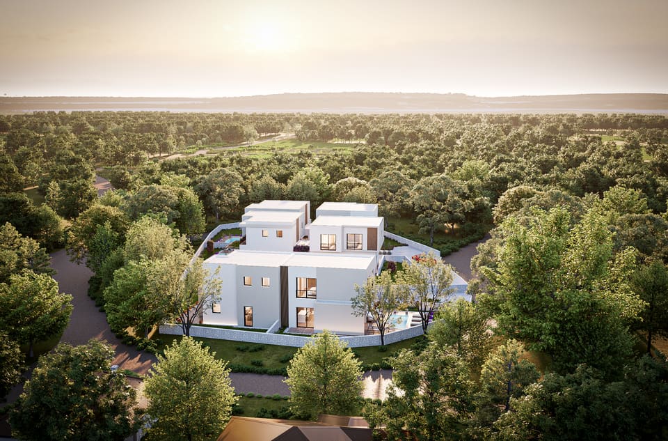 Zračni pogled na projekt od 6 modernih vila u Katunu, okruženih zelenilom kraj Poreča